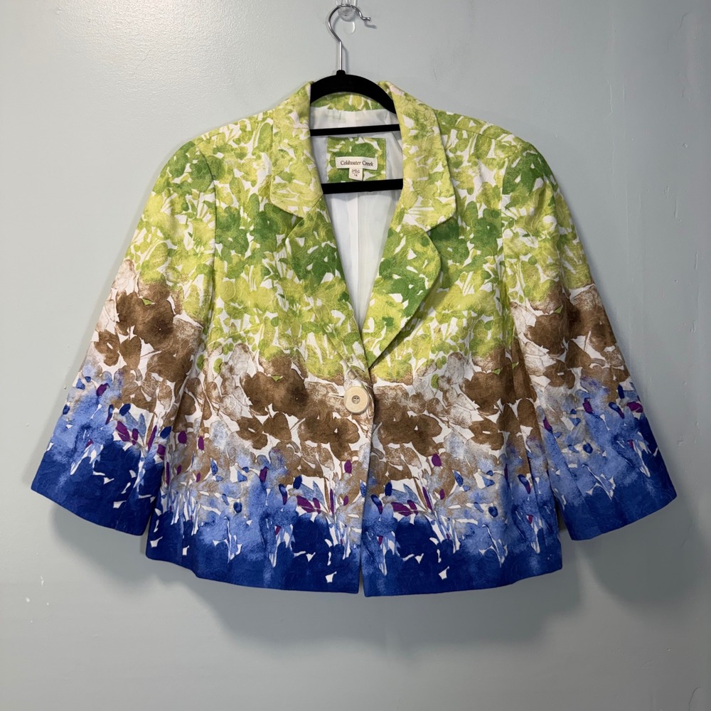 Coldwater Creek Floral Cotton 3/4 Sleeve Blazer Jacket Green Blue Brown Size 16